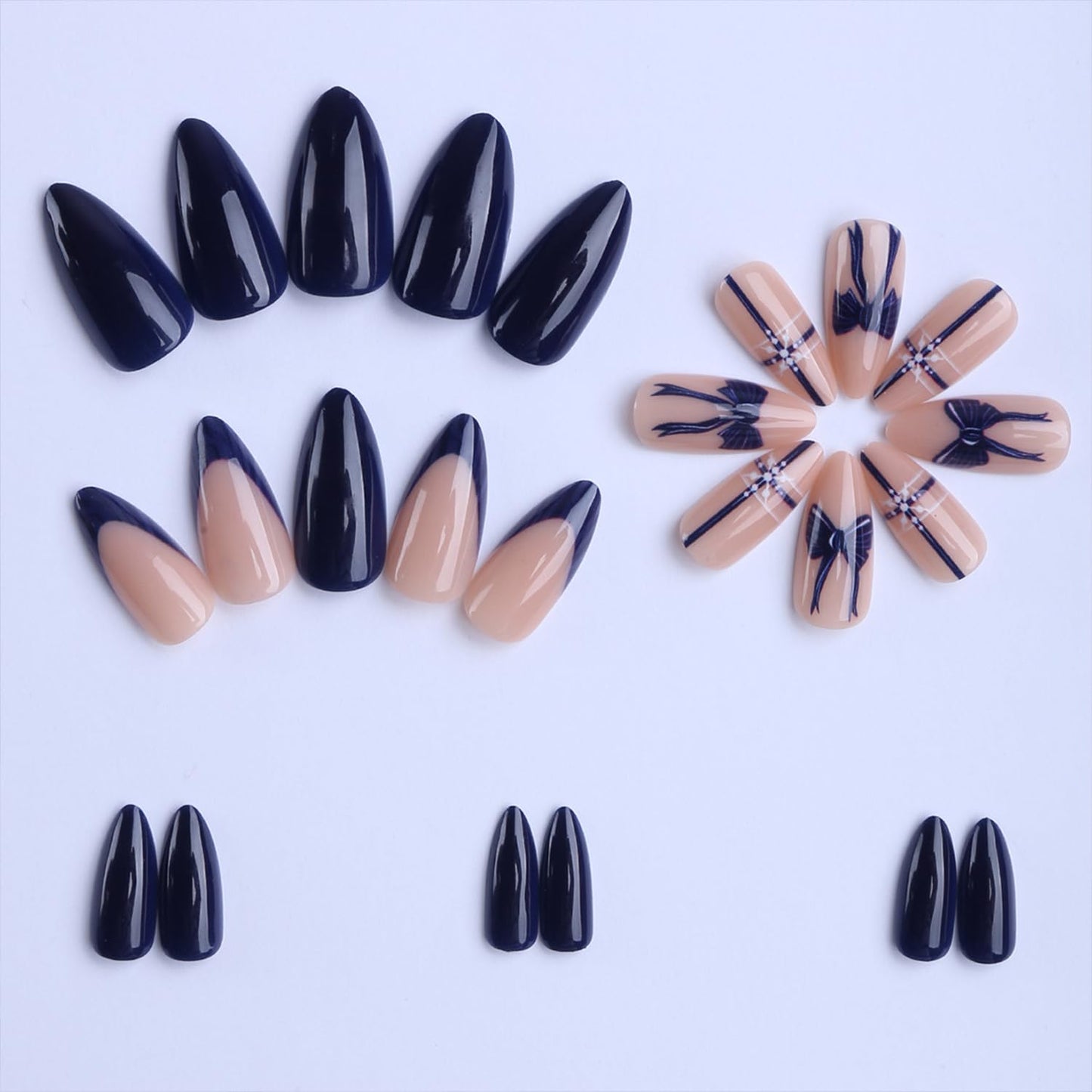 Navy Blue Press on Nails Short Almond Fake Nails with Bow Designs French Tip Fale Nails Glossy Full Cover Glue on Nails Snowflake Nails Press ons for Women Holiday DIY Nail Art Decor