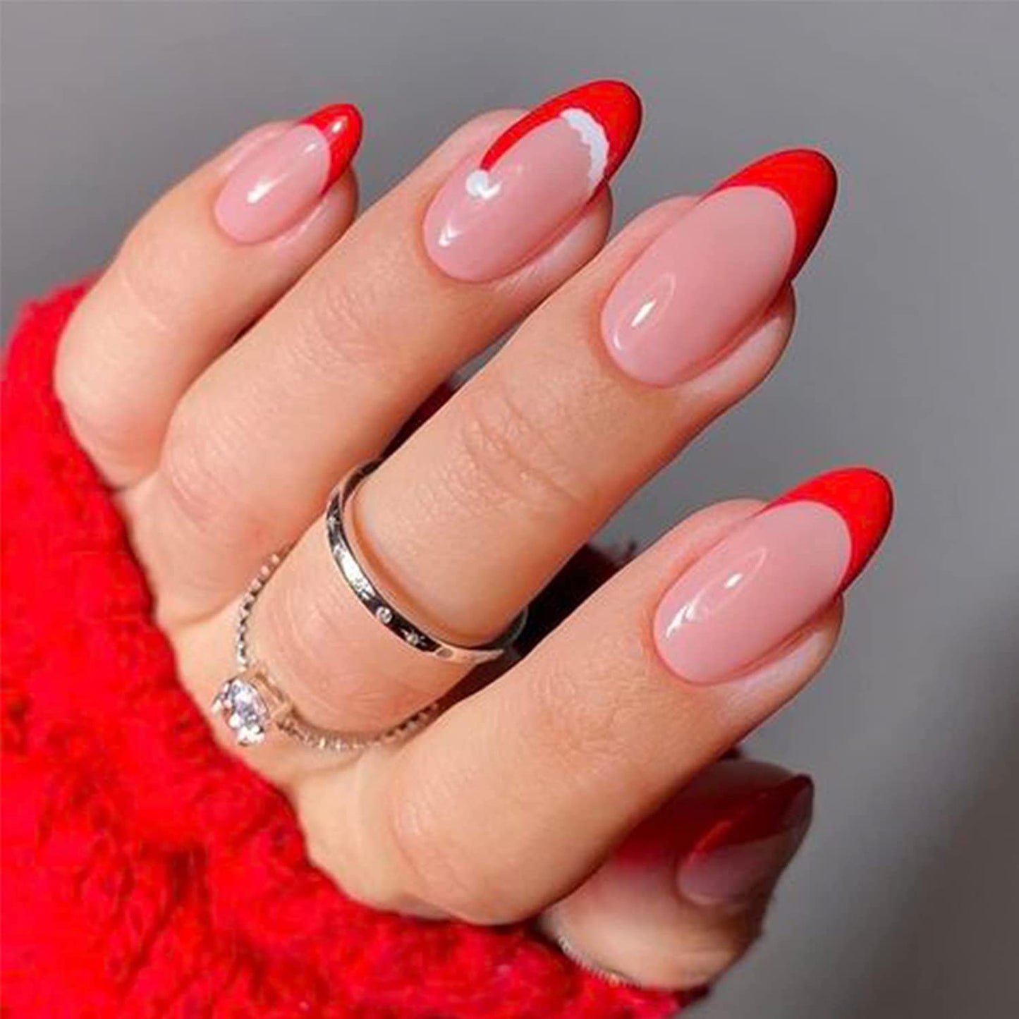 MISUD Almond, Stiletto False Nails 24pcs - Red French Tip, Christmas Hat Design, ABS Material, Press On Nails, Artificial Nails