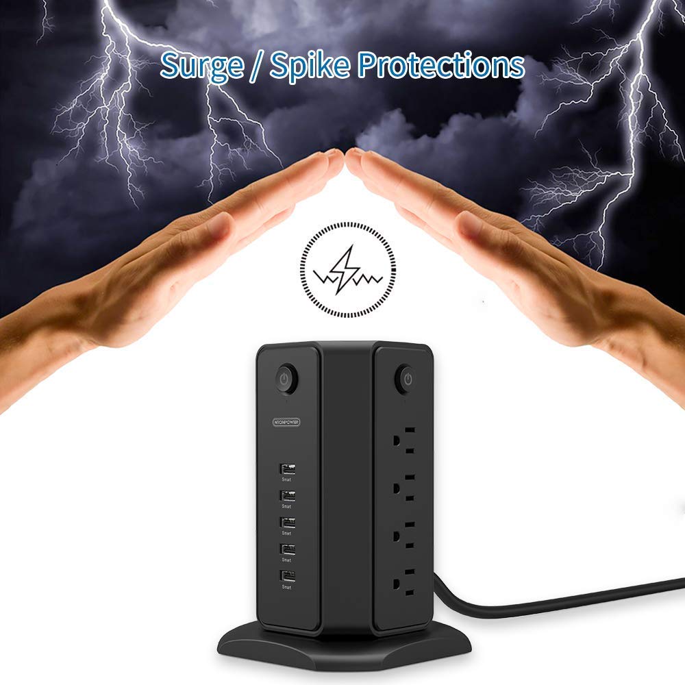 NTONPOWER Desktop Power Strip and Tower Power Strip with USB Bundle, Black Extension Cord for Home, Office, Dorm Essential