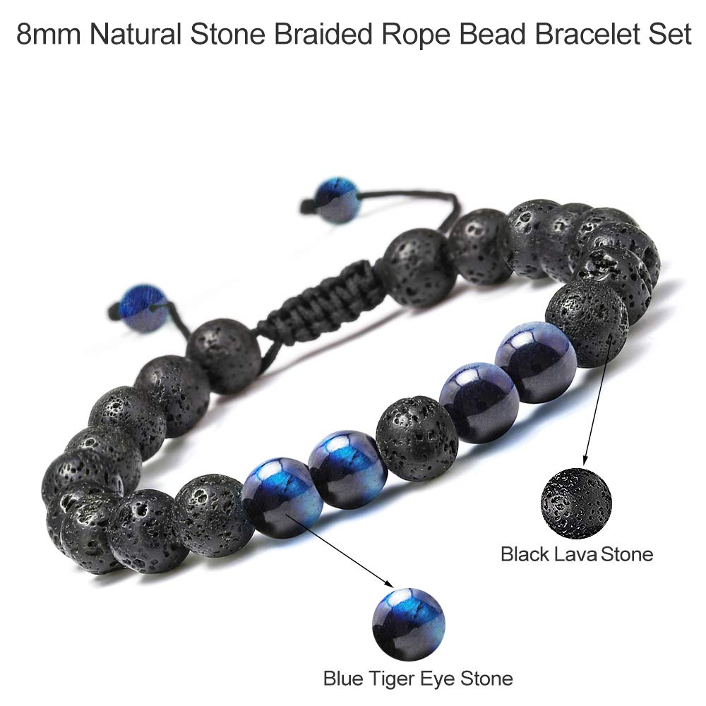 M MOOHAM Natural Bead Bracelet - Gem Semi Precious Stone Round Bead Black Lava Rock Blue Tiger Eye Beads Bracelet Adjustable Bracelets Birthday Gifts for Men