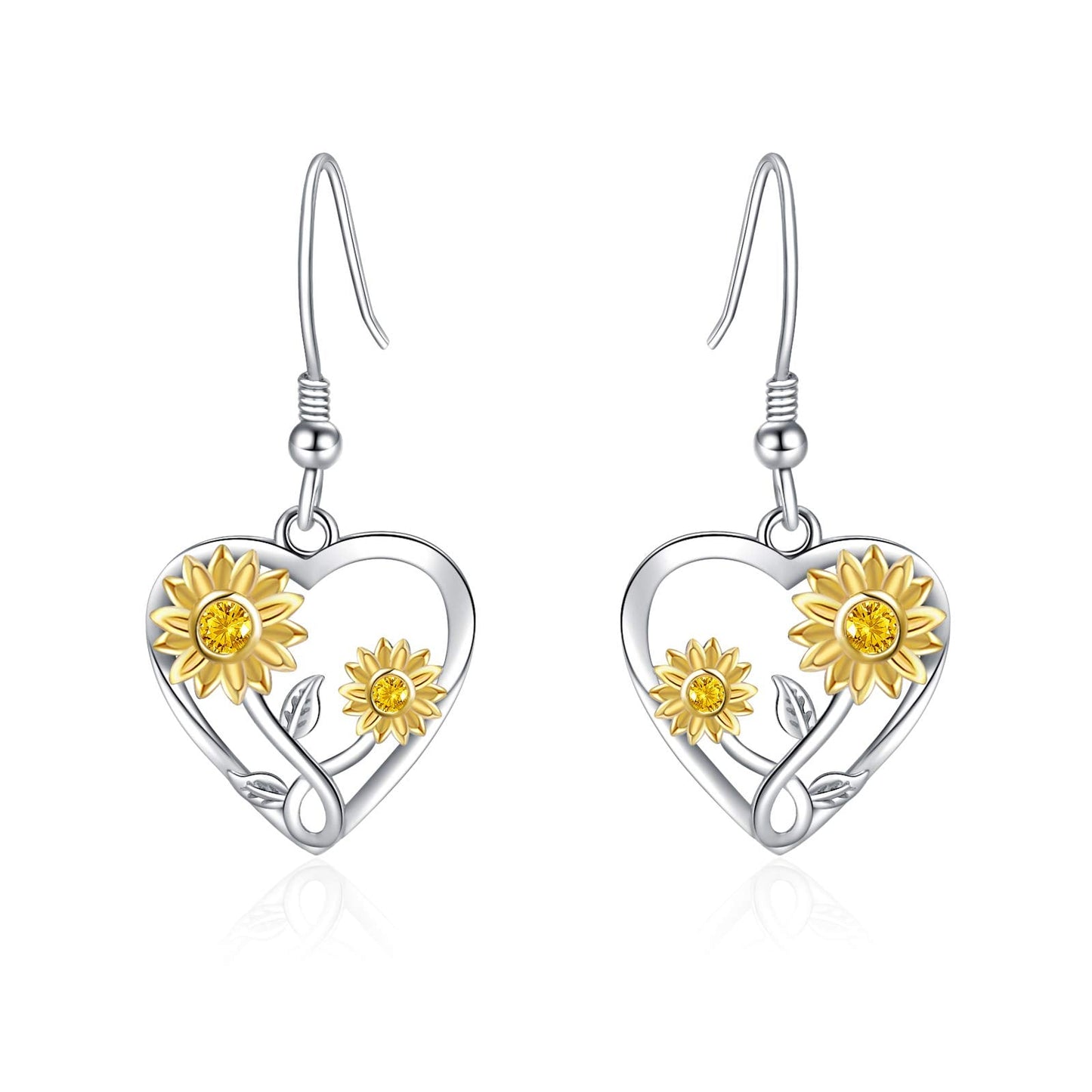 Silver Sunflower Heart Earrings for Women,925 Sterling Silver Sunflower,Daisy Heart Dangle Earrings, Sterling Silver, Cubic Zirconia