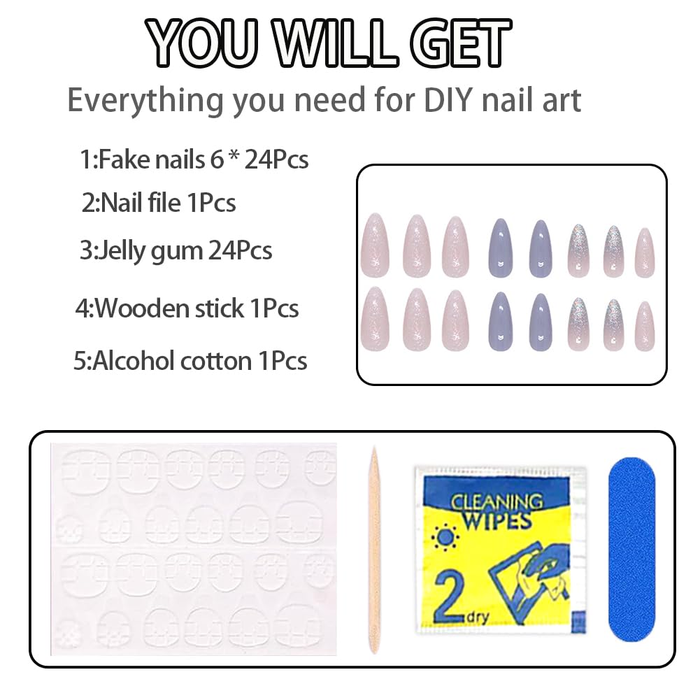 Hrnsnails Nails Press on, Almond Press On Nails Fake Nails Medium Length with Glitter Sequins Elegant Temperament Design, Acrylic Artificial False Nails Press Ons Stick On Nails for Women