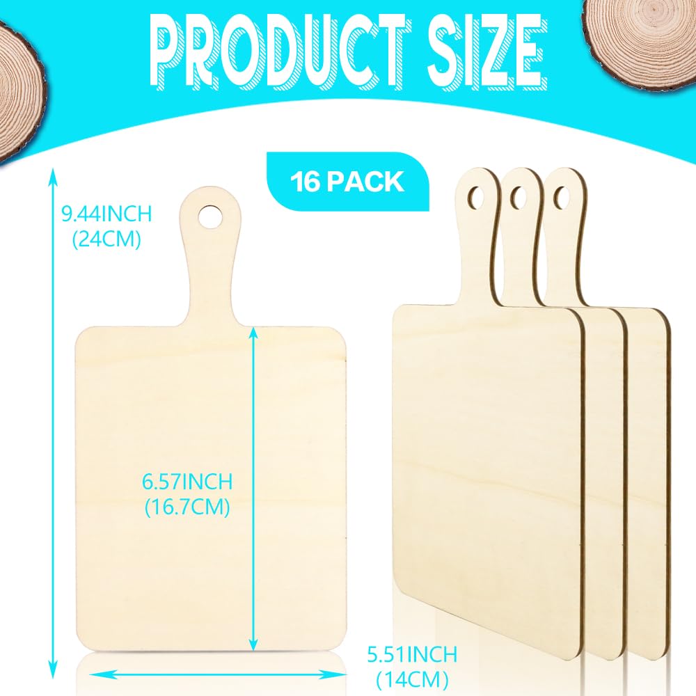 Vmiapxo 16 Pack Unfinished Wood Cutting Board Craft with Handle, Wooden Paddle Cheese Bread Board Set Chopping Board Serving Tray for Craft DIY Christmas Home Kitchen Cooking Decor (9.4" x 5.5")
