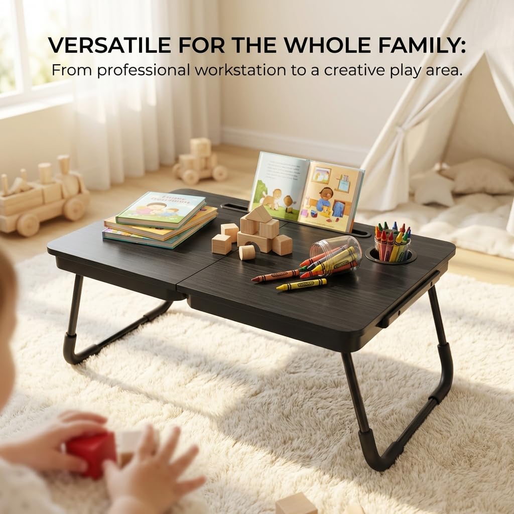 BUYIFY Foldable Laptop Bed Desk for Couch, Sofa - Large Lap Desk Tray Table with Cup Holder and Tablet Slot - Portable Notebook Stand for Eating, Writing, Studying and WFH -NEW-006