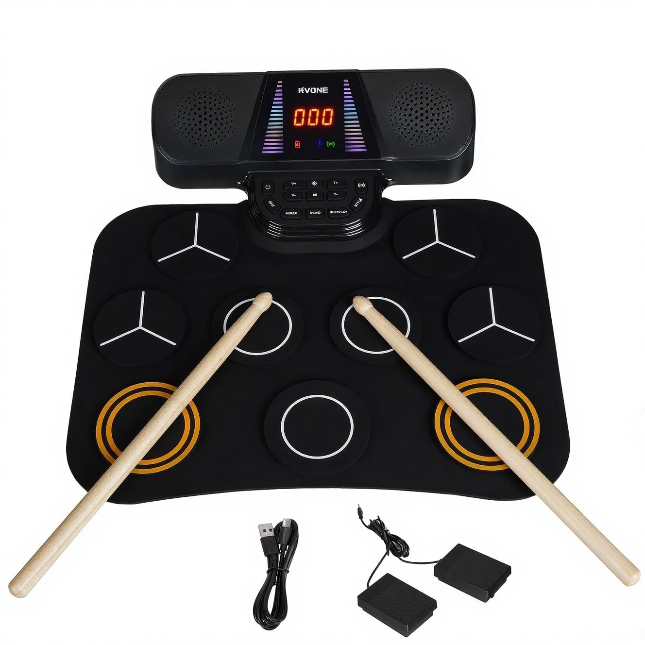 RVONE Electronic Drum Pad for Kids Beginner with Screen, 9 Pad Roll-Up Electric Drum Set with 5 Light Mode, Built-in 2 Powerful Speakers, for 3-12 Boys Girls Chritsmas Gift