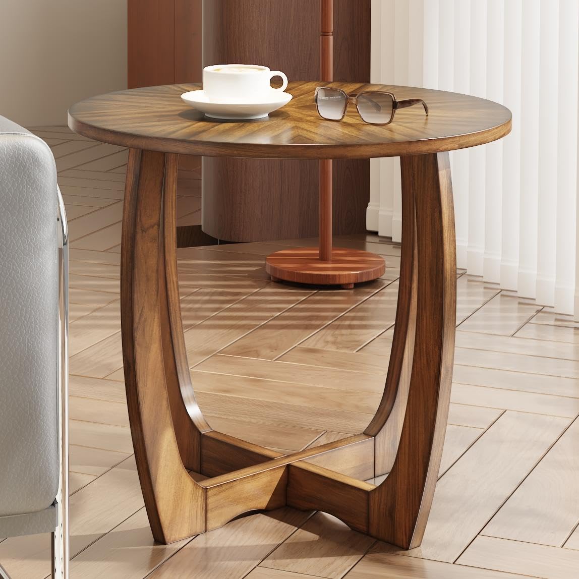 LEEMTORIG Mid Century Modern Round End Side Table Living Room, Walnut End Table Solid Wood Side Table, 23.6" Dia. Large Drum End Table Circle Nightstand Bedroom, Easy Assembly, Brown Walnut CJZ-3223