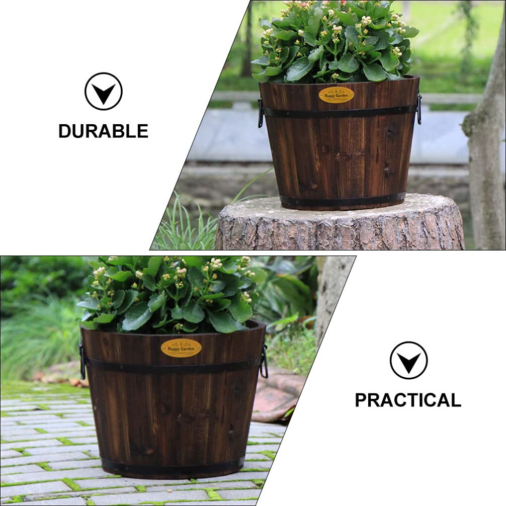Hemoton Medium Garden Wooden Effect Barrel Planter, Outdoor Half Whiskey Cask Flower Pot, Indoor Rustic Patio Grow Plant Container