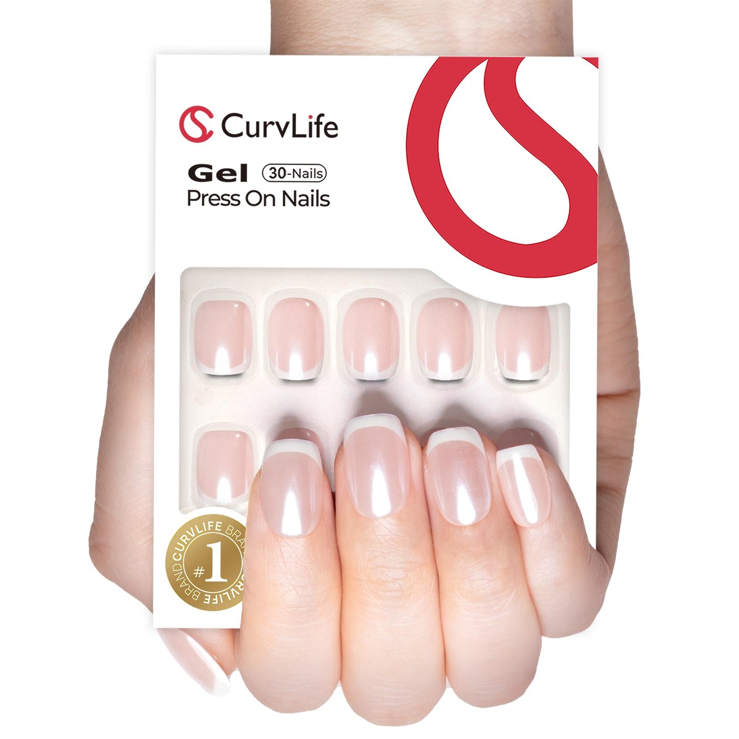 Curvlife Press On Nails Short Square White - Pearl French Tip Press on Nails with Glue, Glossy Nude White Pearl French Fake Nails Long Lasting False Nail Tips for Women