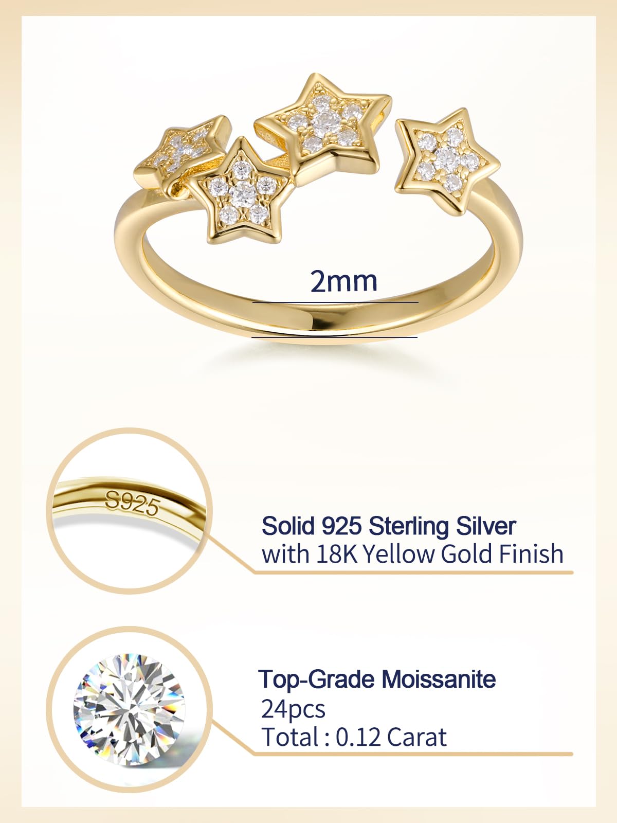 CYW Sterling Silver Dainty Gold Star Stacking Ring for Women Adjustable Moissanite Open Ring Size 5