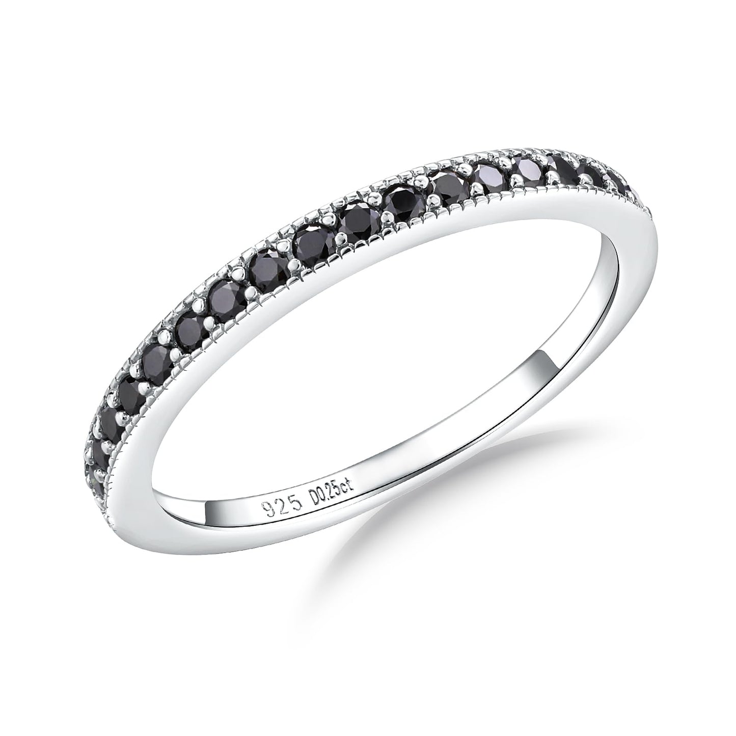 Black Diamond Ring 1.7mm Width Wedding Bands for Men Women 925 Sterling Silver Stackable Half Eternity Band Rings VVS 0.25 Carat Moissanite Anniversary Rings for Women, Size 6