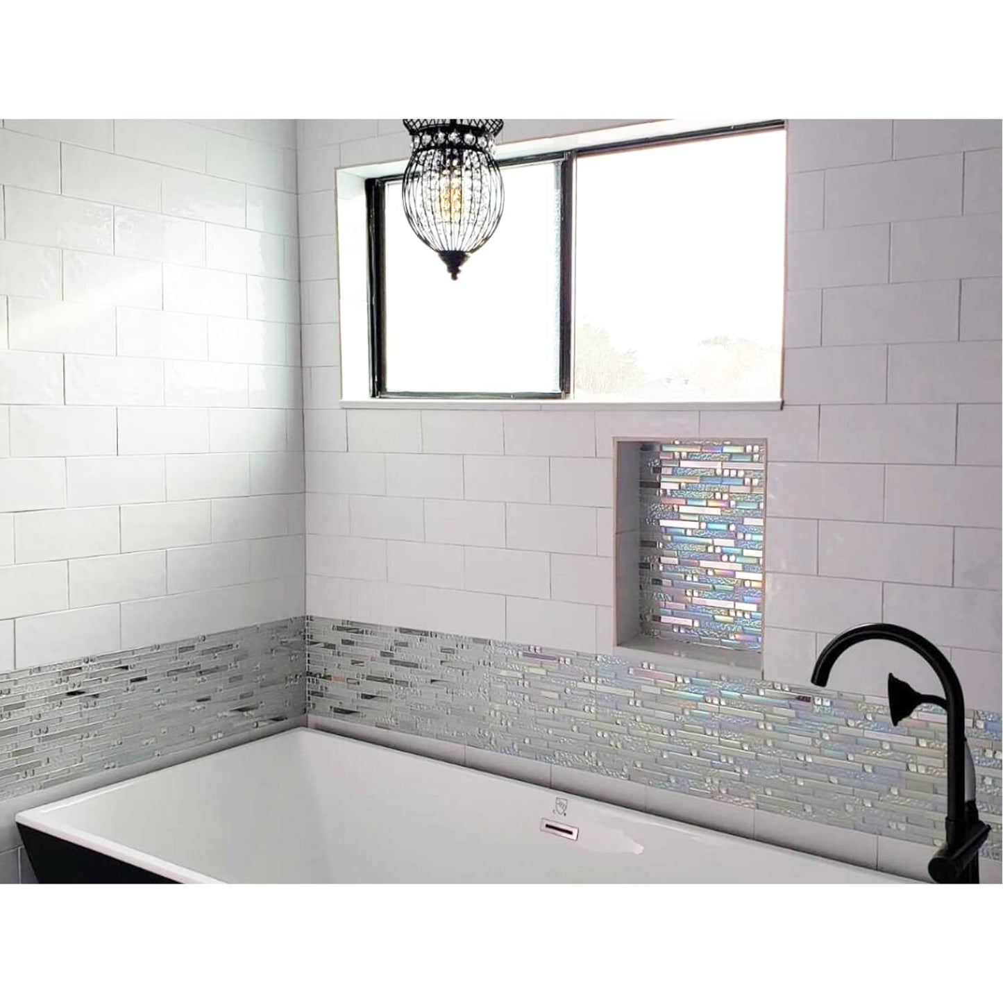 Blujellyfish Glass Metal Tile Iridescent White Glass Silver Mirror Stainless Steel Blends Interlocking Strip Wall Tiles TSTNB01 (Pack of 5 Sheets)