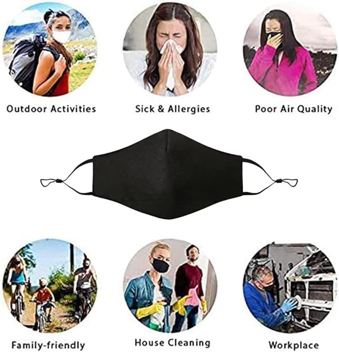 NBDIB Adult Adjustable Face Protection with Filter Pocket and Nose Wire Black Breathable Cloth Mask with 10Pcs Filters
