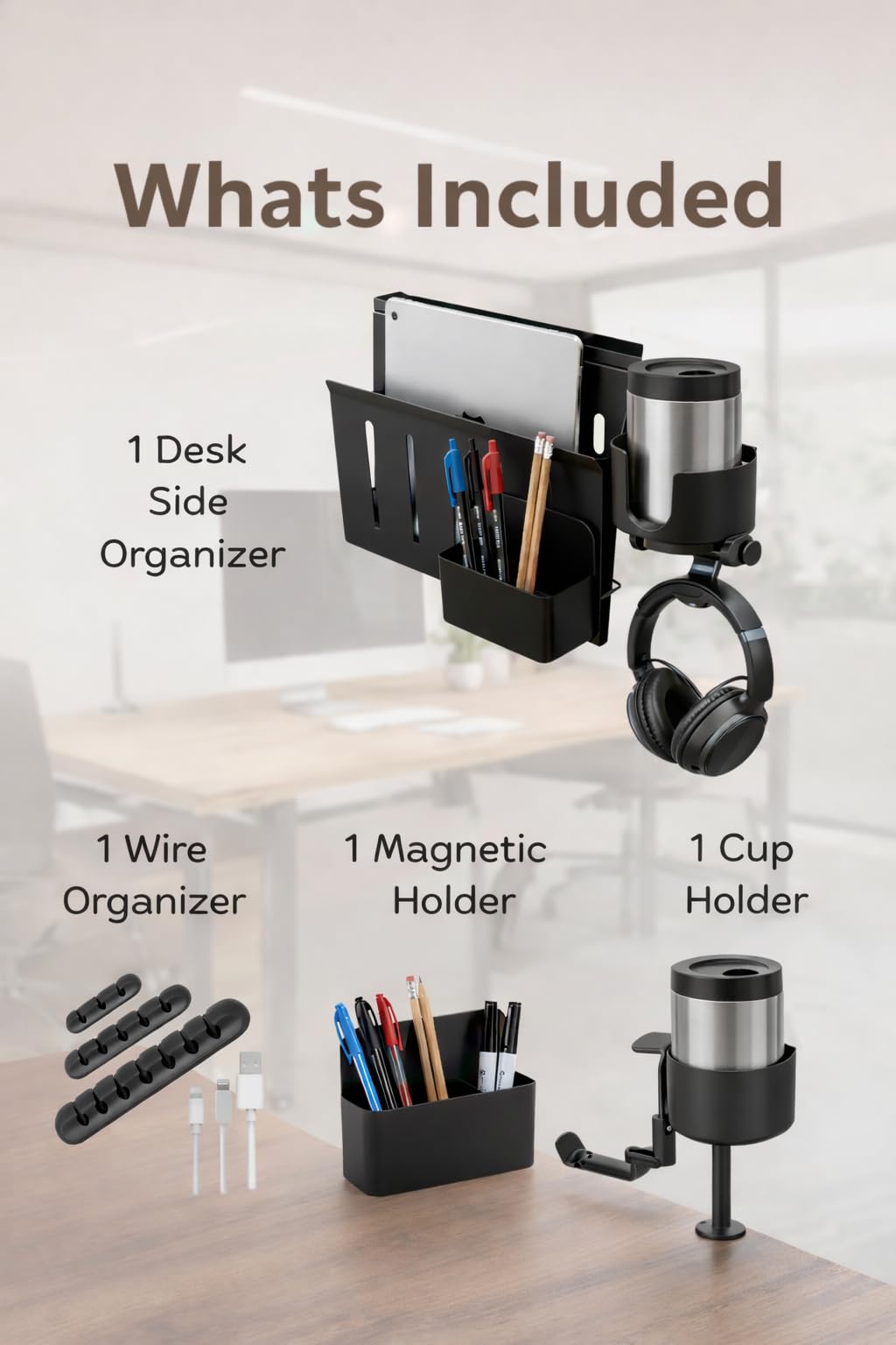 JVCOLLA Desk Side Storage Organizer Clamp On – Side Desk Organizer Kit with Cup Holder, Magnetic Cable Organizer & Accessory Magnet, Hanging Desk Organizer for Home Office & Standing Desk