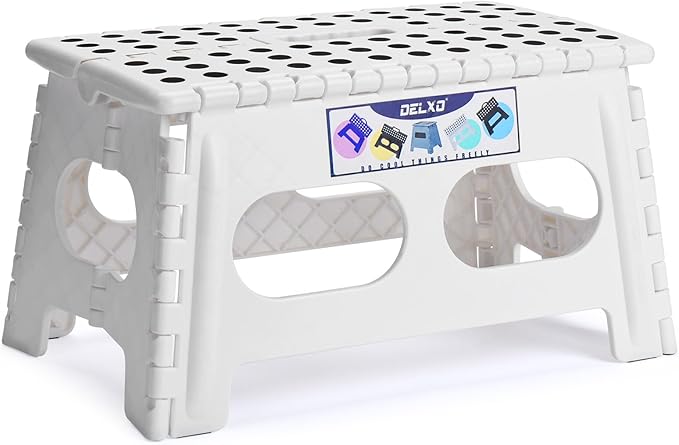 Delxo Folding Step Stool for Kids and Adults,15-Inch Extra Wide 9 Inch Height Heavy Duty Stepping Stool More Safe and Comfortable Non Slip Foldable Step Stool White
