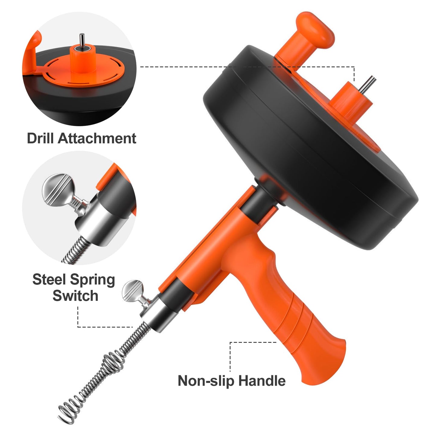 KINGLEV Drain Snake, 50ft Flexible Steel Drain Auger With Drill Adapter, Heavy Duty Sink Plumbing Unblocking Hand Auger, Manual Or Powered for Shower & Bathtub Clogs-No auto retract or feed