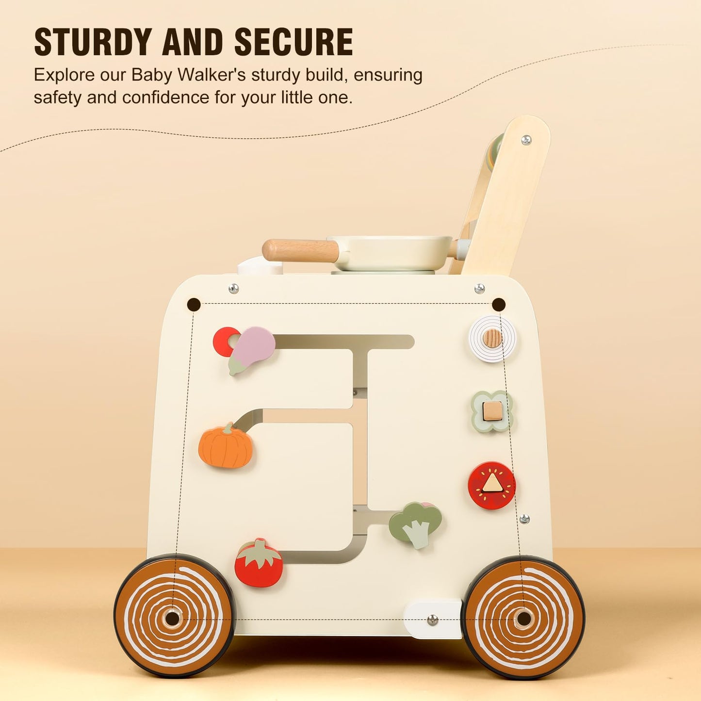 Pithfor Wooden Baby Walker, 3-in-1 Baby Push Walker, with Pretend Kitchen, Montessori Sensory Activity Center, Push Walker Toys for Babies Learning to Walk, Sit-to-Stand