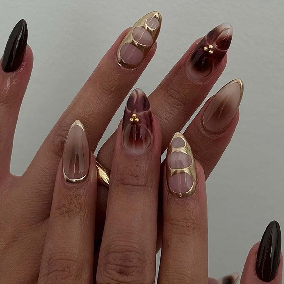 Medium Almond Press On Nails Brown Fake Nails Flower With Golden Beads Design Acrylic Full Cover Nails Artificial Nails Glossy Glue On Nails Stick On Nails For Women Manicure 24pcs