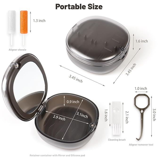 Newly designed double-layer retainer container case, special retainer case (with removal tool and brush), gift for women and men, compatible with Invisalign - Gray