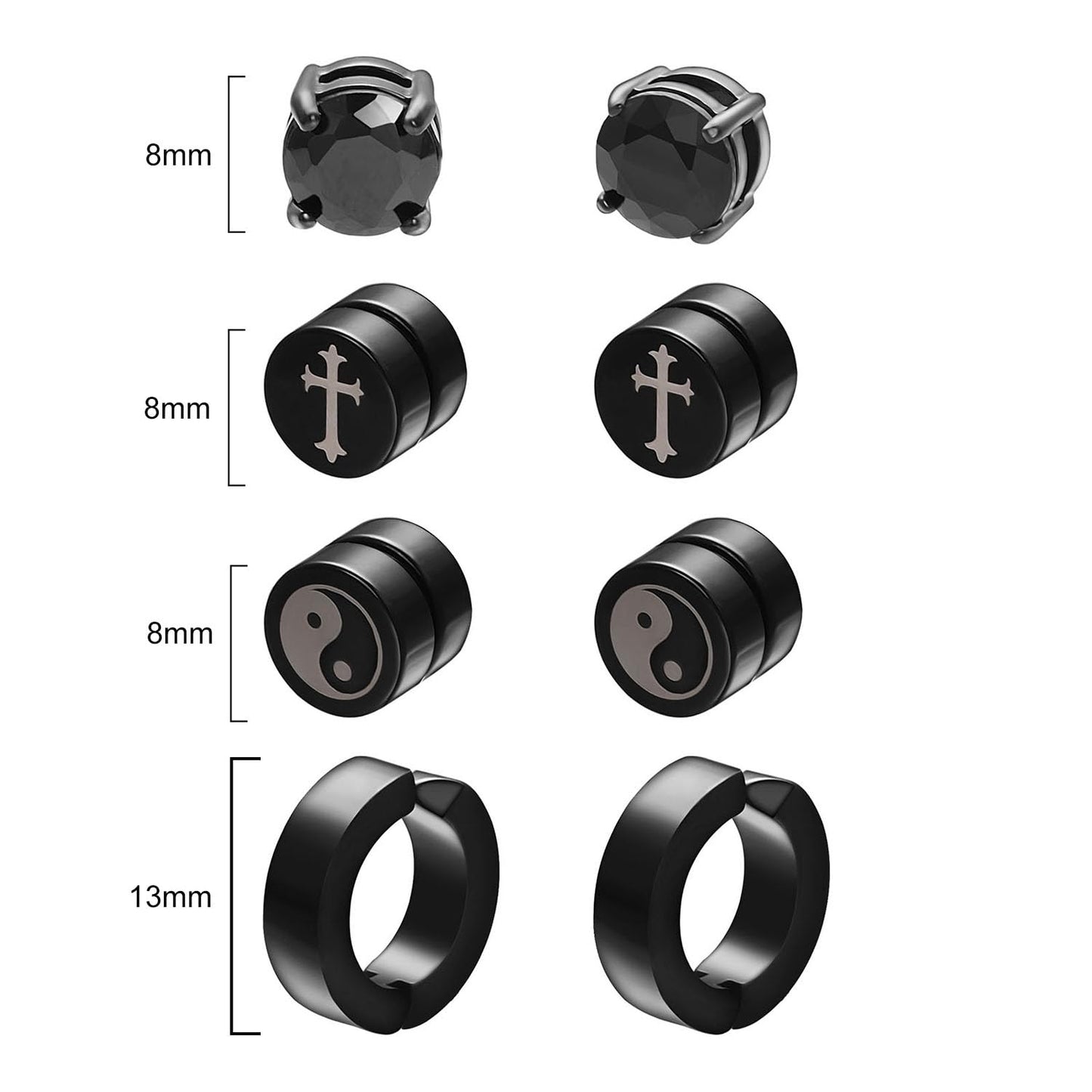 Airokiy 4 Pairs Magnetic Earrings For Men Non Pierced Fake Earrings For Men Black Clip On (8/13mm)