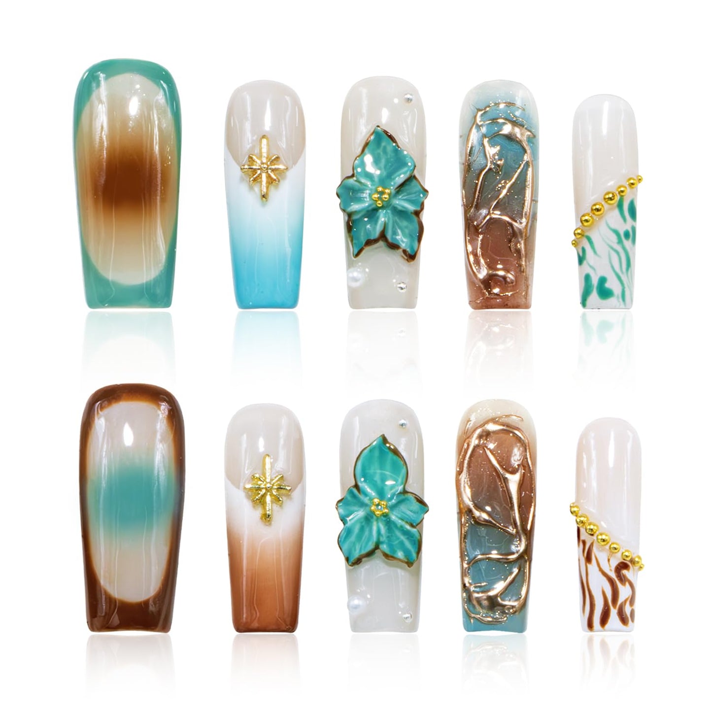 Vanpaga Handmade Square Coffin Press on Nails – Ocean Ombre Blue Bronze Nails with 3D Carved Flower & Gold Foil, Reusable Glossy Stick on Fake Nails, 10pcs Acrylic Nail Set with Tool Kit (Size M)