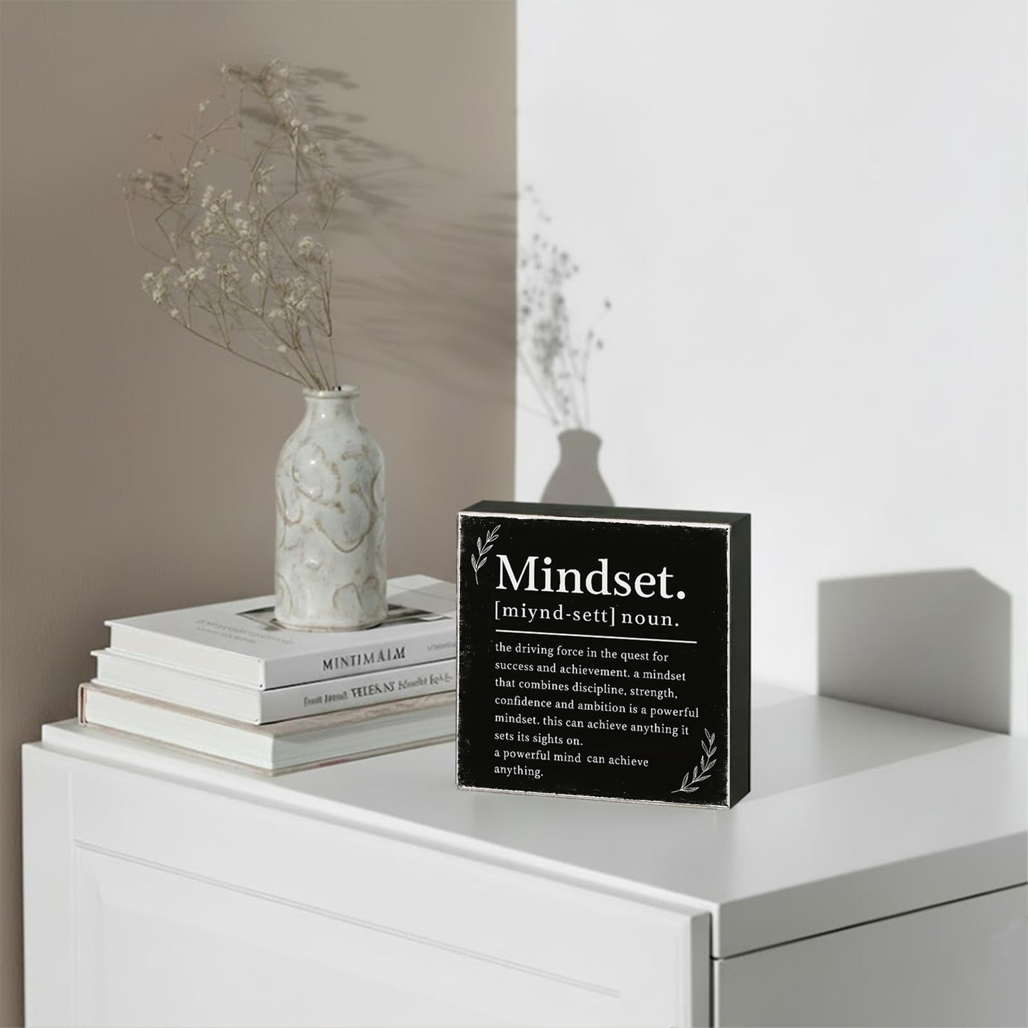 Mindset Definition Wood Box Sign - Inspirational Quote Decor for Desk and Shelf - Motivational Growth Mindset Block for Home Office, 5x5 Inch(Black)