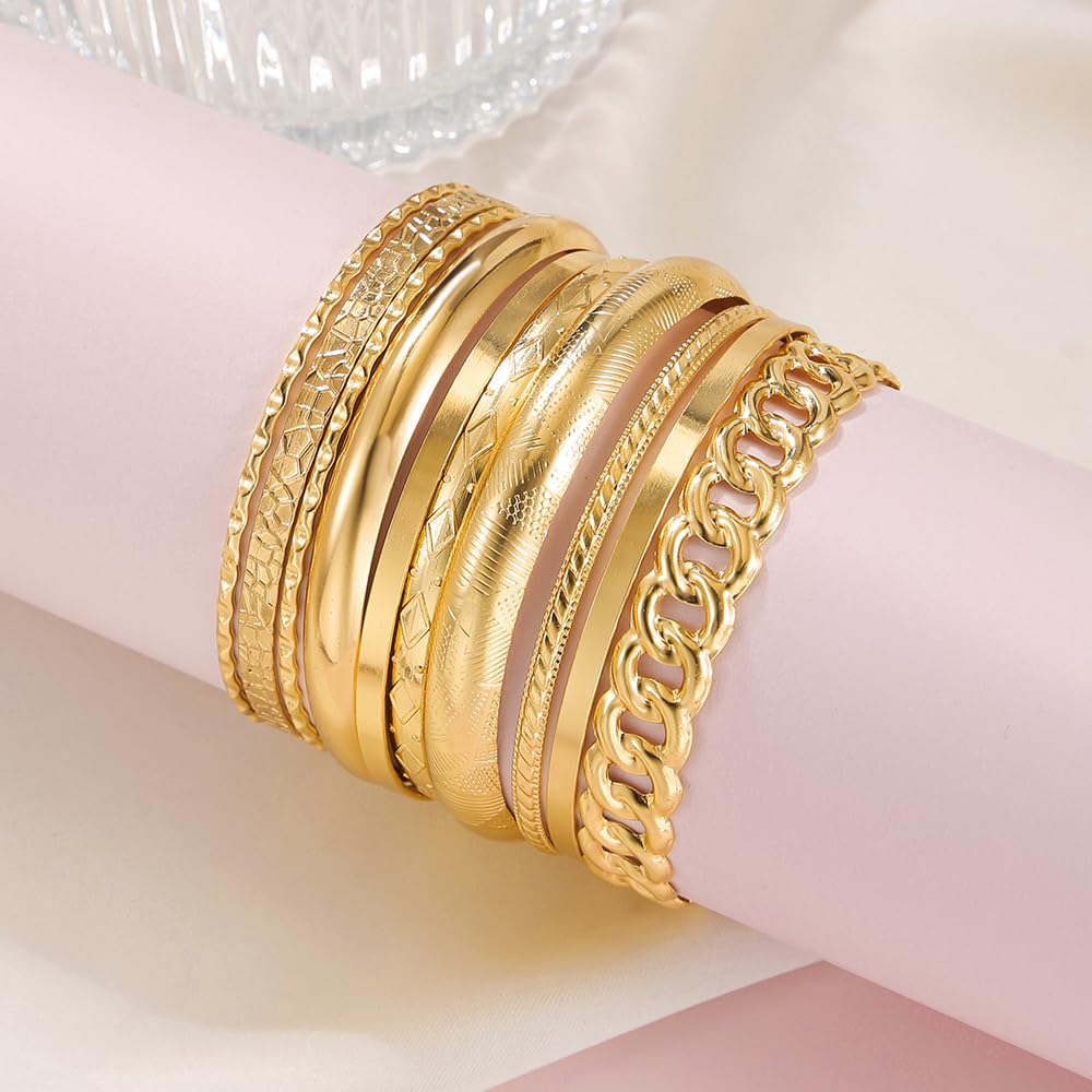 RINTOLER 10Pcs Gold Bangle Bracelets Set for Women - Multi Layer Stackable Textured Chunky Bracelets Indian Bangles Boho Jewelry Set (B-10PC-Gold)