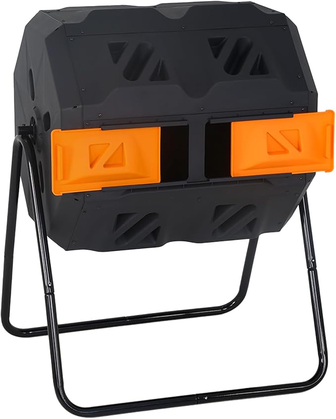 FDW Outdoor Compost Bin,43 Gallon Dual Chamber Tumbling Composting Bin with Sliding Doors Compost Tumbler for Garden Patio Kitchen Yard,Orange Door