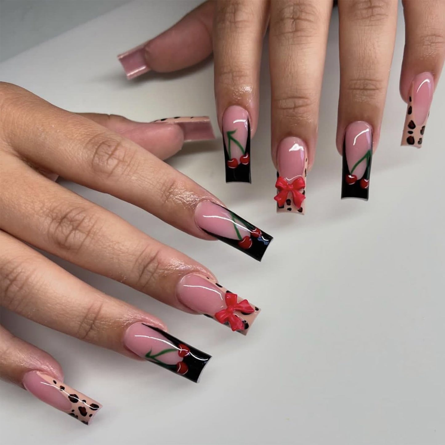 IMRAIN Long Press on Nails Square Fake Nails Black French False Tip with Bow & Cherry Design Leopard Print Glossy Artificial Acrylic Nails for Women Manicure 24Pcs