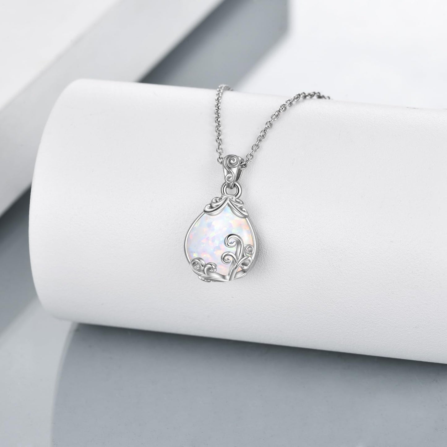 POPLYKE Sterling Silver Opal Filigree Teardrop Necklace Filigree Pendant Jewelry Gifts for Women