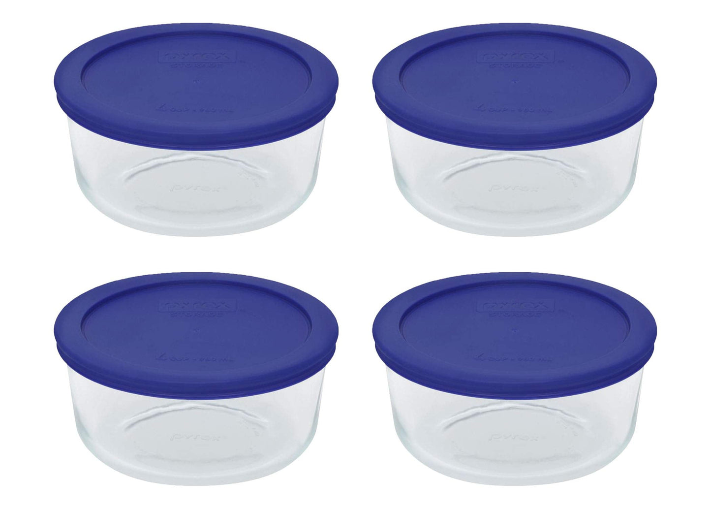 Pyrex 7201 4 Cup Glass Bowls & 7201-PC Cadet Blue Food Storage Replacement Lids (4-Pack) - Made in USA