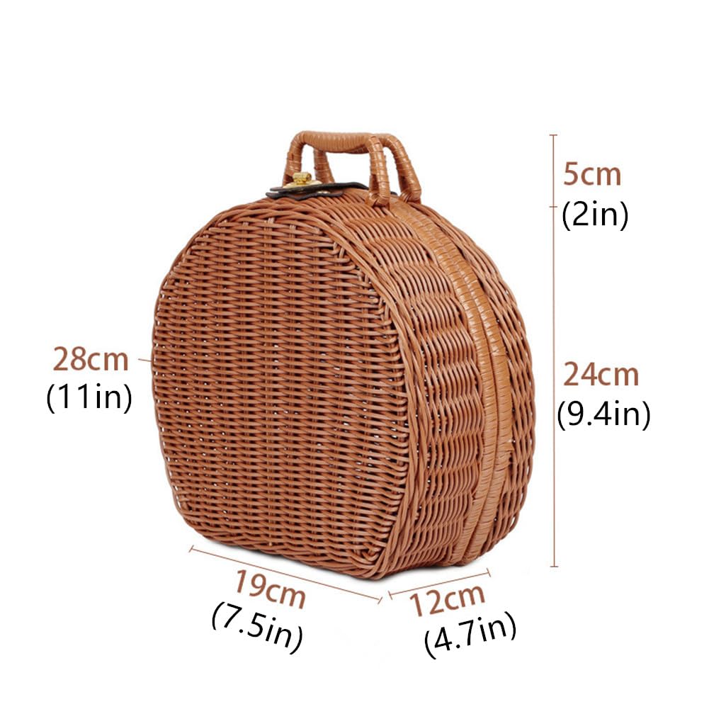 Vintage Rattan Basket, Round Woven Picnic Basket Purse with Handle Small Suitcase Retro Weaving Vine Weaving Carrying Case Gift Box for Beach, Travel & Daily Use. (M)
