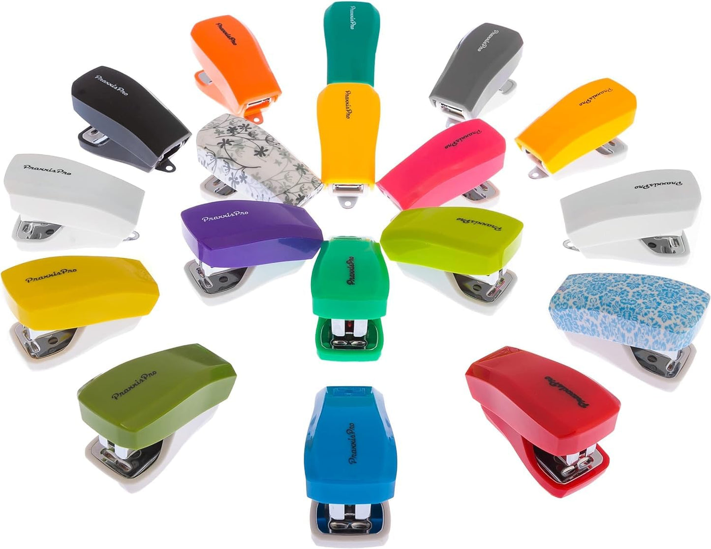 Aria Premium Mini Stapler Set by PraxxisPro - with Built-in Staple Removers, 2000 Standard Staples Included - for Office, School, and Travel, Set of 2, Orange & Green