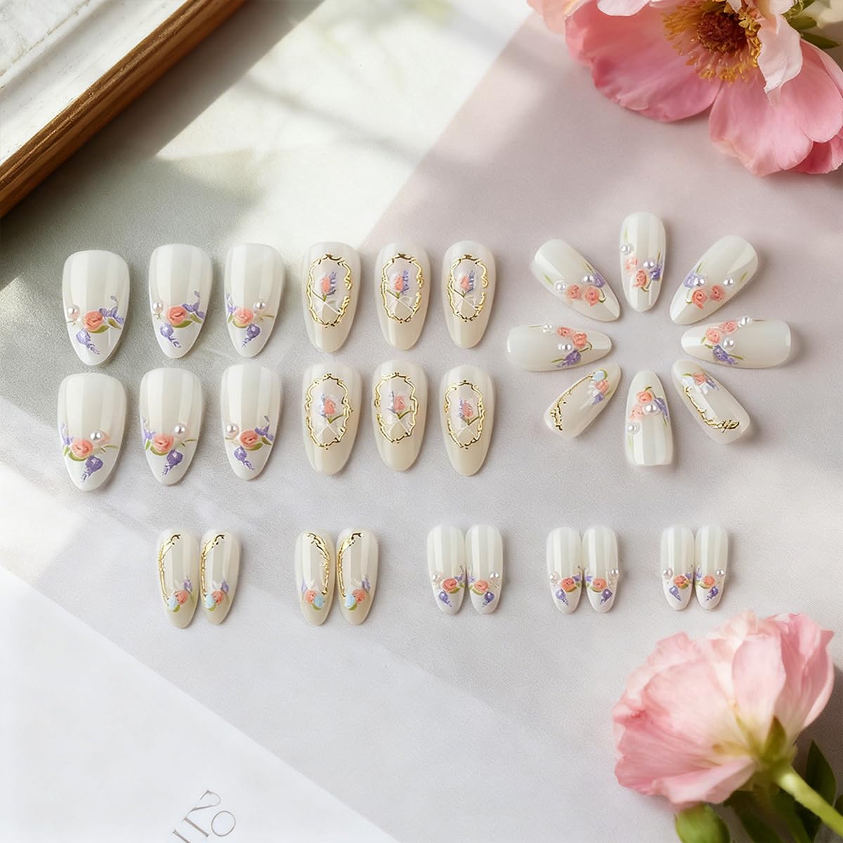 Spring Flower Press on False Nails White French Tip Fake Nails Medium Almond Glue on Nails with Retro Flower, Gold Striped, 3D Pearl Designs Press ons Stick on Nail for Women Manicure 30Pcs