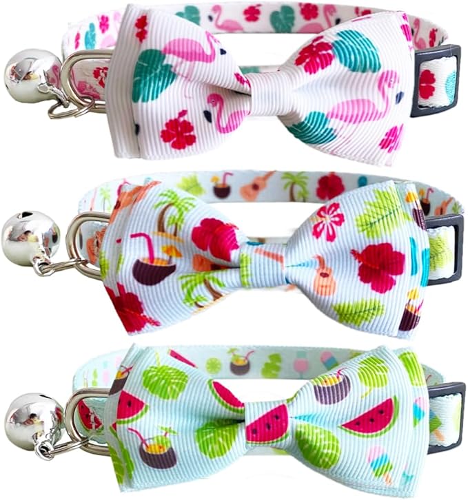 3 Pack Cat Collar Breakaway with Removable Cute Bow Tie and Bell Adjustable Safety Buckle Shark Print White Light Blue and Blue