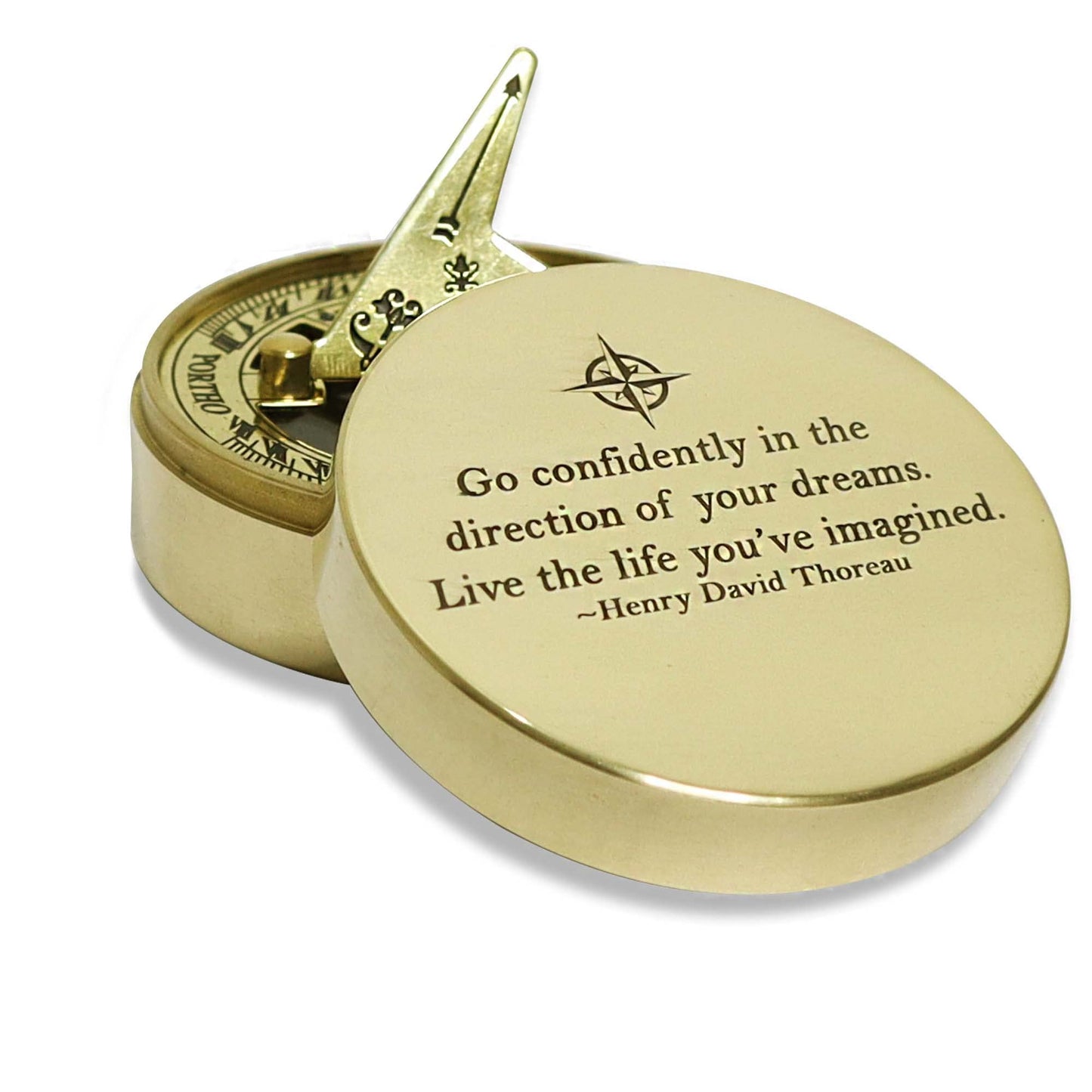 PORTHO Thoreau Go Confidently Sundial Compass with Wooden Box – Personalized Graduation, Baptism, Confirmation & Adventure Gift – Inspirational Keepsake for Life’s Journey