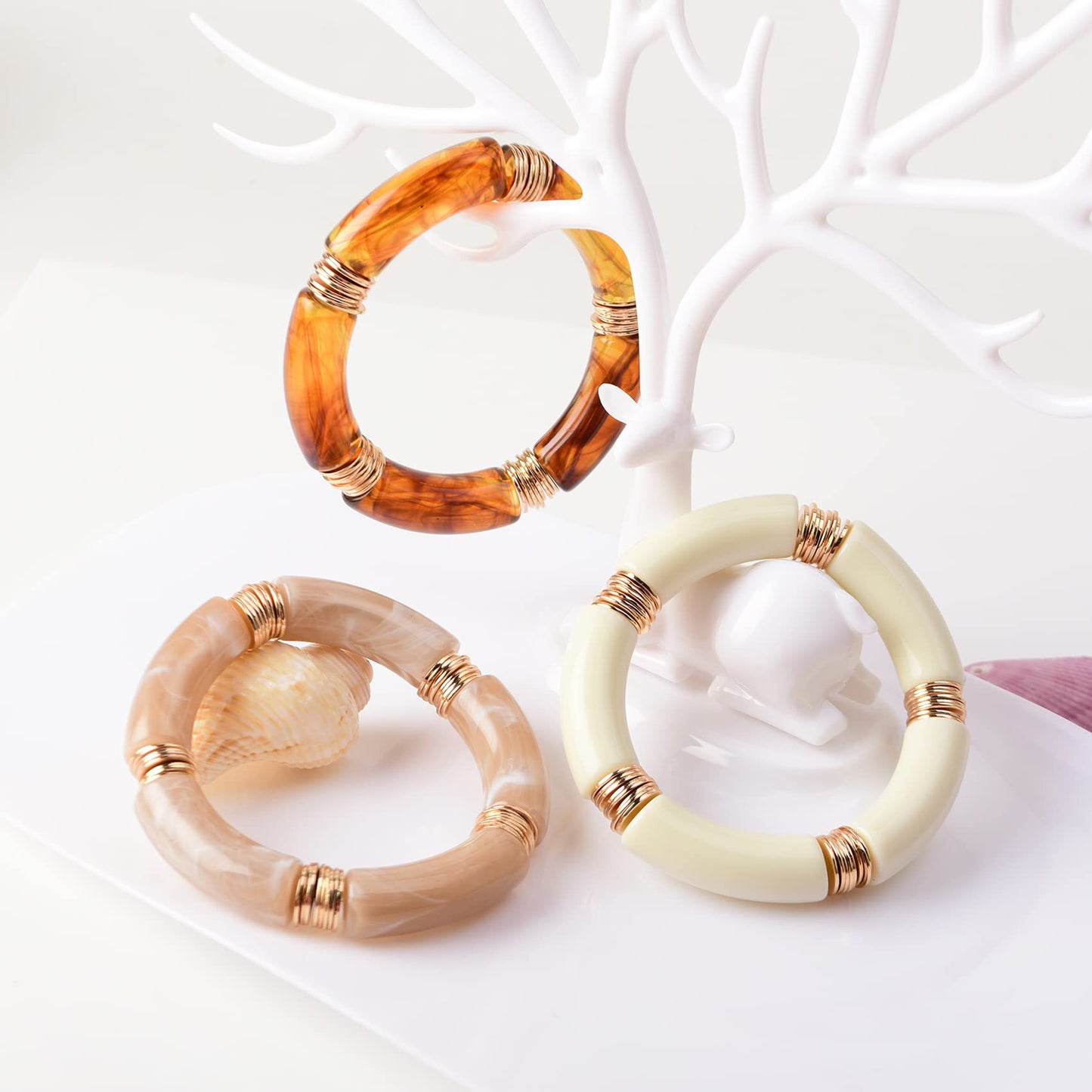 GOOJIDS Simple Beaded Gold Plated Bangles Bracelet Chunky Bamboo Tube Curved Stacking Acrylic Colorful Beads Stretchable Gold Plated Bracelets Set For Women