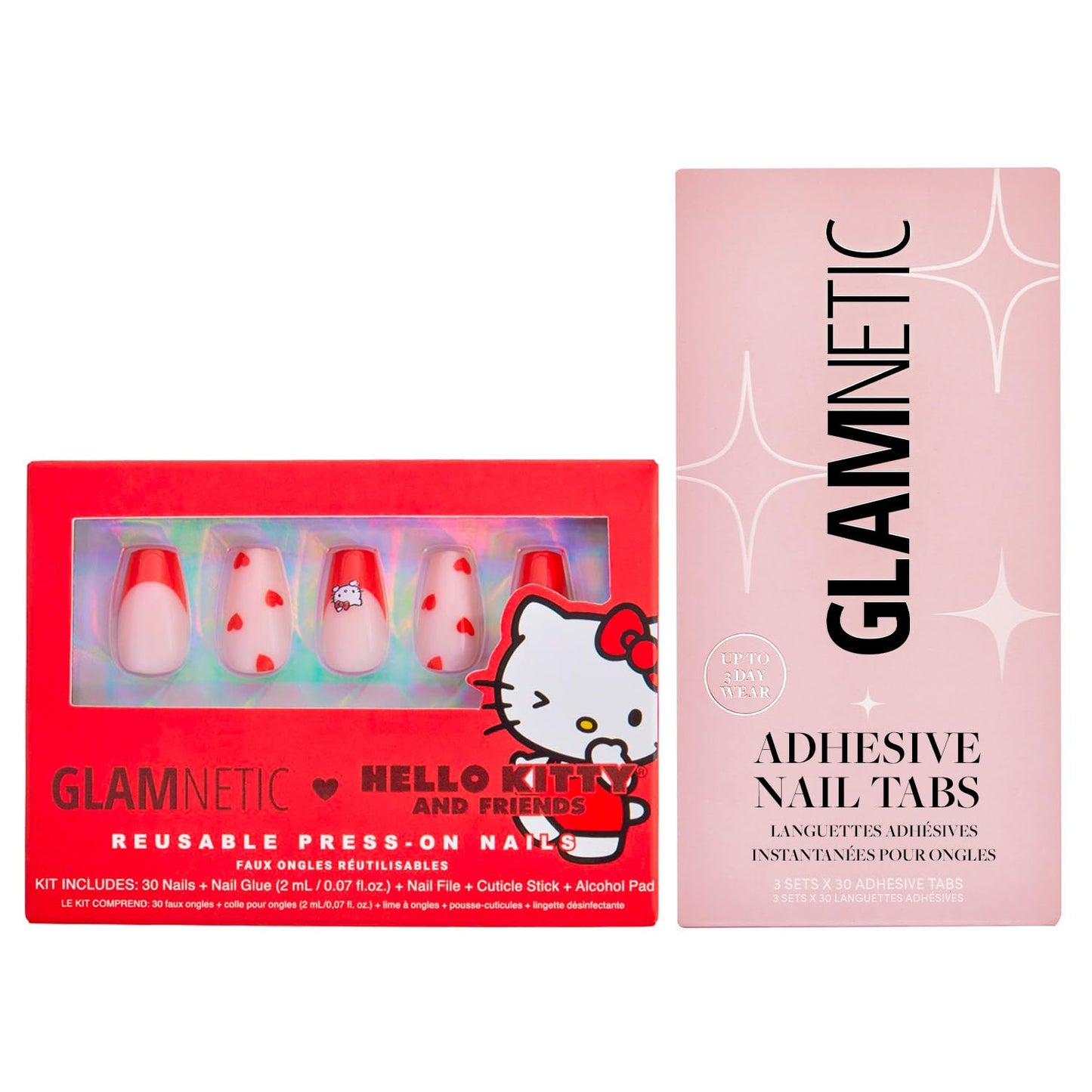 Glamnetic x Hello Kitty® and Friends Press-On Nails & Adhesive Nail Tabs - Hello Kitty® Red | Short Coffin Red French Tip Fake Nails, Reusable |