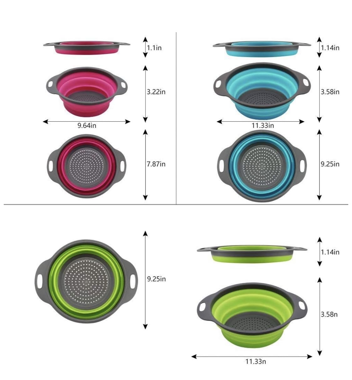 New and improved- Set of 3 Niklye Ultimate Kitchen Strainers—1×10” & 2×12” Collapsible Silicone Colanders. Now more durable and robust for everyday use with pasta, veggies, fruit & more.