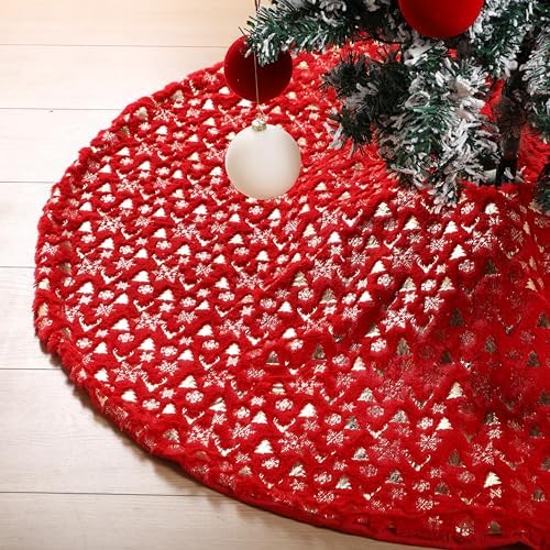 Arrowbash 48 Inch Christmas Tree Skirt Decor, Gold Elk Snowflake, Red