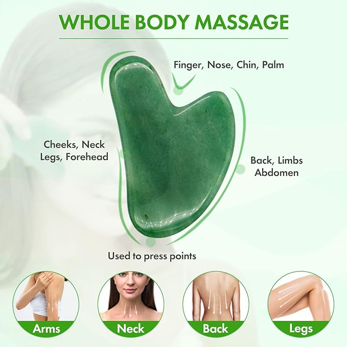 Jade Roller & Gua Sha Set, 100% Natural Facial Roller and Body Massage Skin Care Tools for Beauty, Increase Blood Circulation, Lymphatic Drainage & Reduce Wrinkles and Puffiness - Dark Green