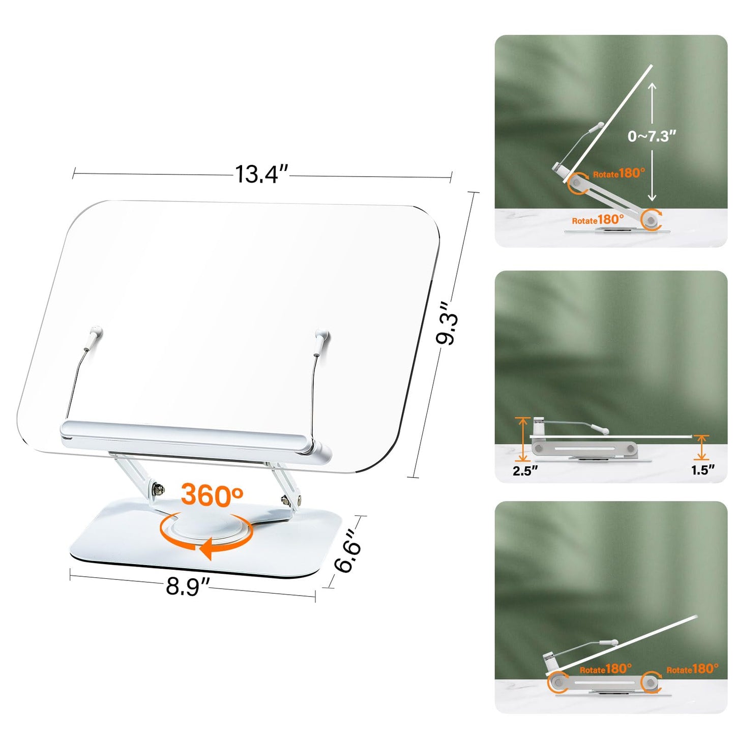 BYMECOST Acrylic Book Stand for Reading, Adjustable Book Holder with 360° Rotating Base & Elastic Page Clips, Foldable Desktop Riser Stand for Cookbook,Laptop,Tablet,Music Scores,Recipe,Textbook