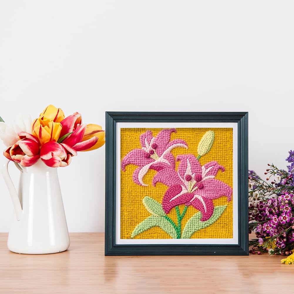 DOODLREAM Colorful Flowers Punch Needle Kit for Beginner, 9.4"x9.4" Lily Floral Punch Stitching Craft Set, DIY Embroidery Starter with Printed Frame, Instruction, Threader, Yarn, Pinch Needle