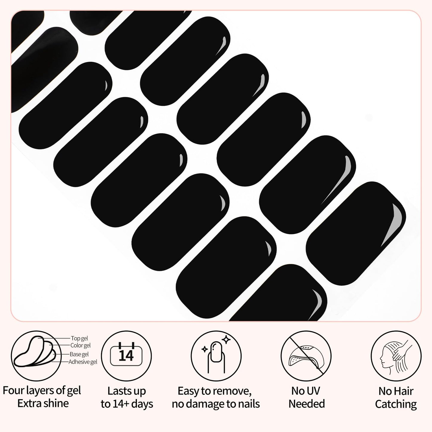 Semi Cured Gel Nail Strips -Jet Black -Stylish Nail Wraps, No UV Light Needed, Effortless Application & Removal, Salon Quality, Includes 16 Wraps, 1 Prep Pad, Wooden Stick & Nail File