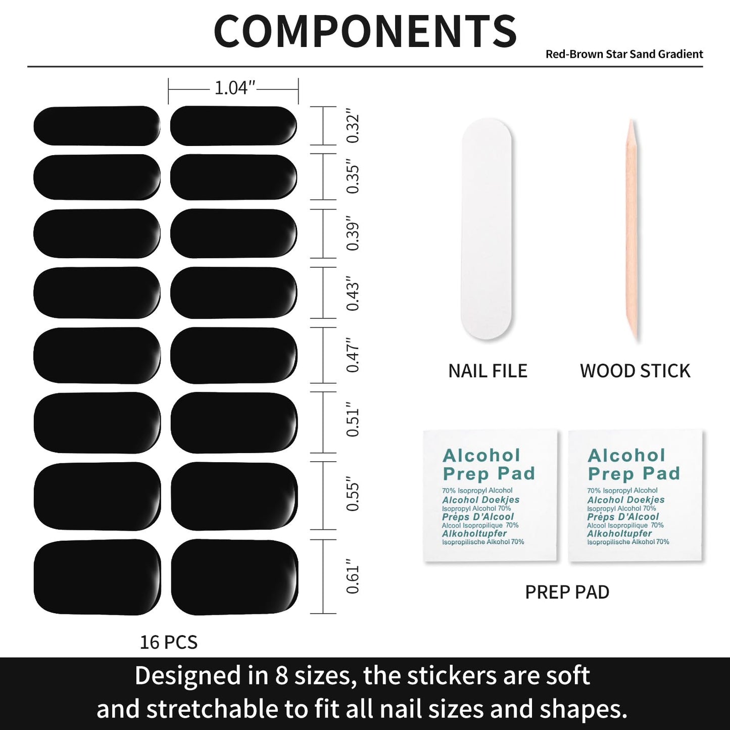 Semi Cured Gel Nail Strips -Jet Black -Stylish Nail Wraps, No UV Light Needed, Effortless Application & Removal, Salon Quality, Includes 16 Wraps, 1 Prep Pad, Wooden Stick & Nail File