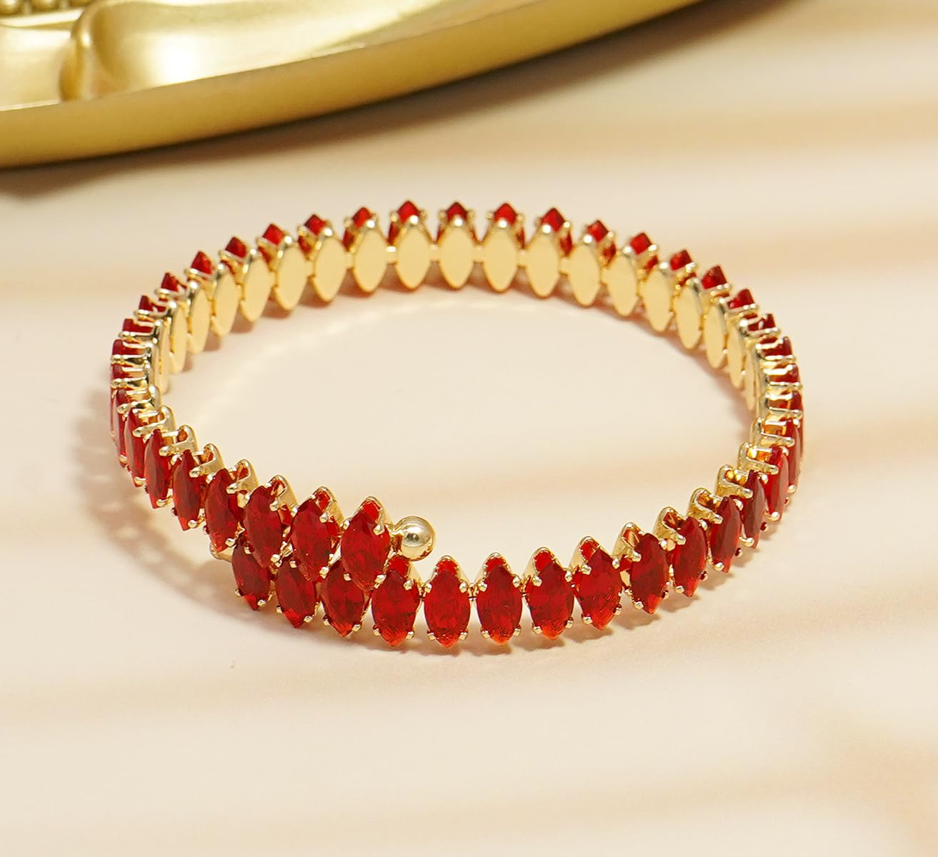 Wovanoo Rhinestone Cuff Bracelet Cubic Zirconia Tennis Bracelets Open Adjustable Bangle for Women Gold Red