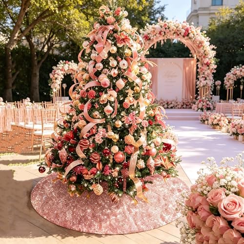 yuboo Rose Gold Summertree Skirt, 48 Inch Sequin Glitter Pink Tree Skirt Mat for Party Wedding Birthday Decor Decorations for the Home