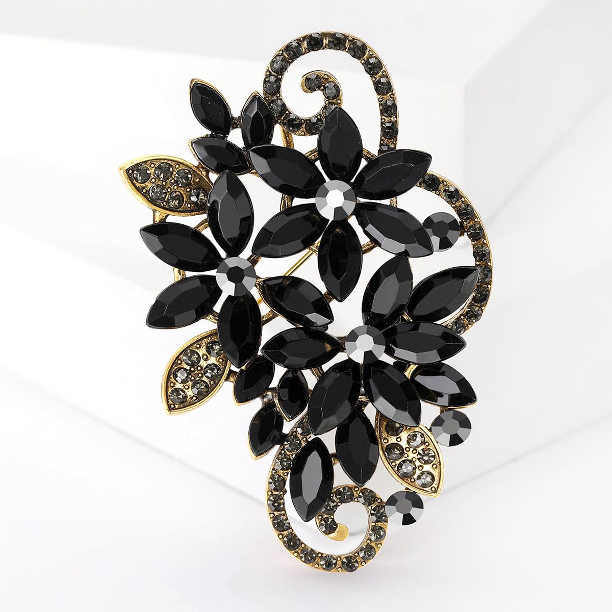 YOQUCOL Vintage Blck Austrian Crystal Rhinestone Flower Shape Brooch Pin For Women