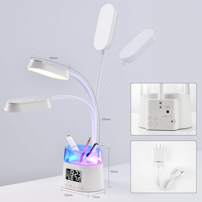 Led Desk Lamp with Pen Holder, Touch Lamps for Nightstand with 3 Color Modes, Eye-Caring Bedside Reading Light with Clock, Office Lamps Stepless Dimming, Lamp for Dorm Room, Suitable for Kid/Girl/Boy