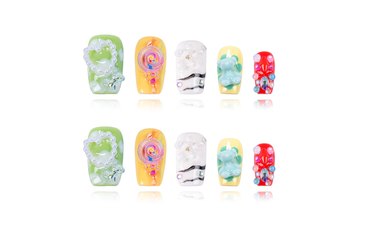 24Pcs Handmade Press on Nails, 3D Green Short Length Square False Nails with White Pearl Love, Cute & Sweet Manicure Kit for Women in Spring & Summer