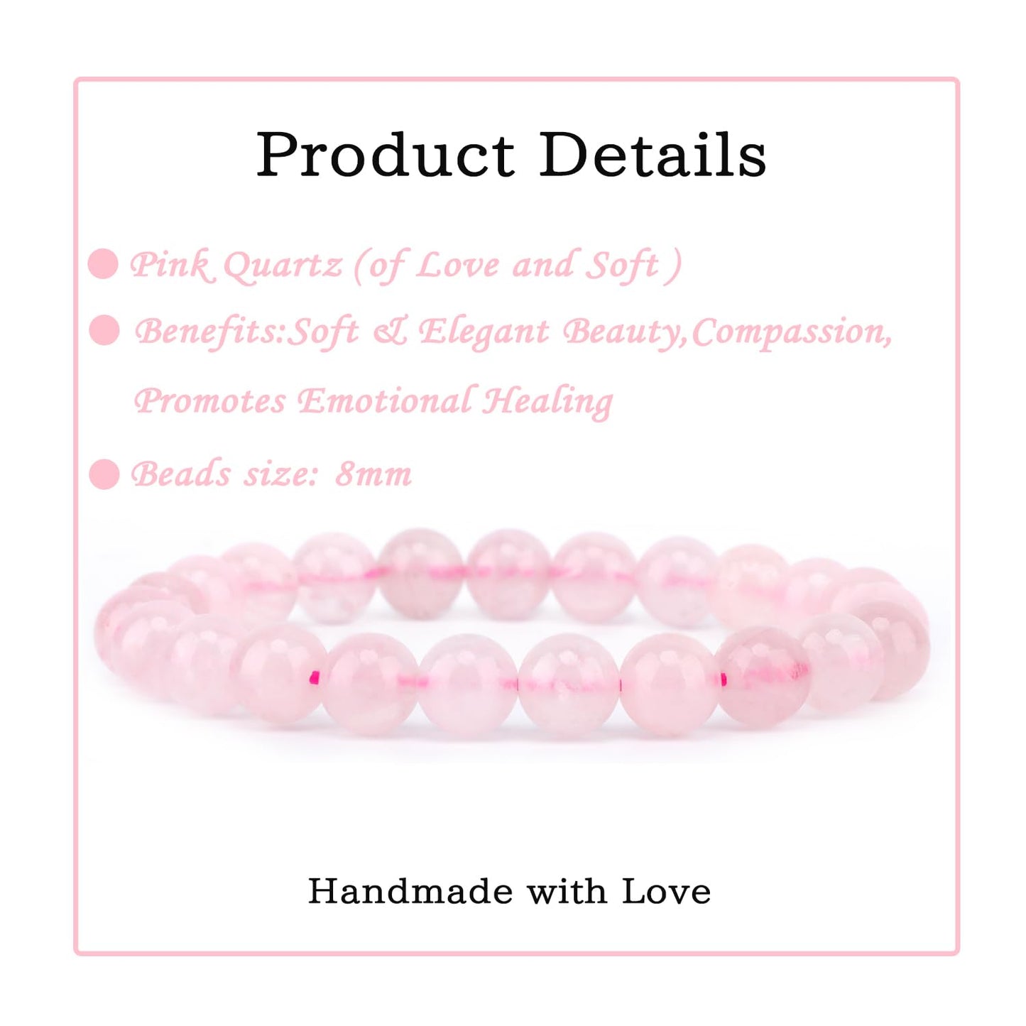 Bymitel 8mm Pink Quartz - Handmade Reiki Gemstone Stretch Bracelet, Natural Beauty & Spiritual Essence, Crystal Healing for Unisex Adults